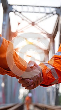 Handshake Between Two Construction Workers on Bridge Construction Site