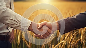 Handshake two farmer on the background of a wheat field at sunset. The concept of the agricultural business. Generative AI