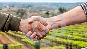 A handshake between two farmers with the background of cultivated fields