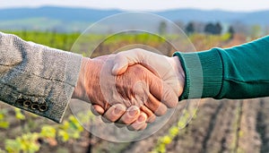 A handshake between two farmers with the background of cultivated fields