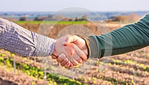 A handshake between two farmers with the background of cultivated fields