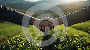 Handshake of two men in business suits against the background of tea plantations