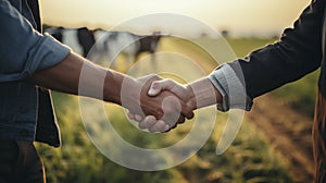 Handshake of two men in shirts against the background of a farmer& x27;s field with grazing cows