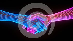 Handshake of two people, blue and pink neon light. Partnership concept.