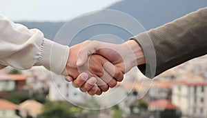 A handshake between two people at the blurred background