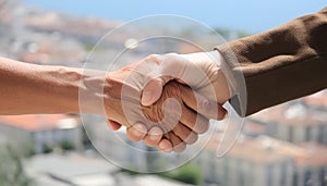 A handshake between two people at the blurred background