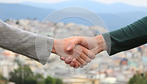 A handshake between two people at the blurred background