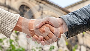 A handshake between two people at the blurred background