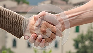 A handshake between two people at the blurred background