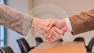 A handshake between two people on a blurred background of a meeting room