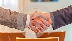 A handshake between two people on a blurred background of a meeting room