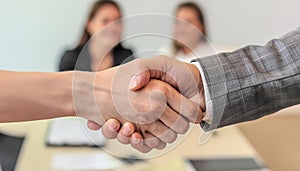 A handshake between two people on a blurred background of a meeting room