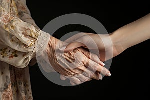 Handshake of two women, young and old, close-up. The hand of a young girl holds the hand of an elderly woman. Two hands, two