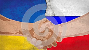 Handshake between Ukraine and Russia The background is the flags of both countries