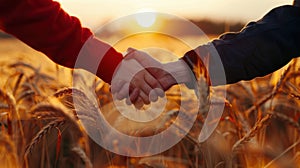 Handshake in Wheat Field Sunset.AI generated image