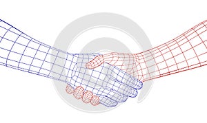 Handshake of Wireframe Hands of Blue and Red Colors