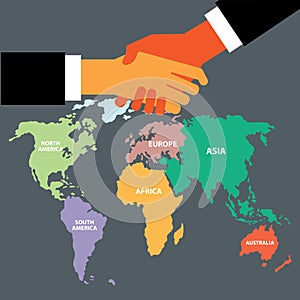 Handshake with world map