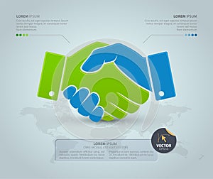 Handshake with world map on grey background. Vector Infographic template.