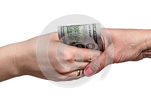 Handshakes with dollar banknotes