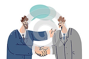 Handshakes of two white collar workers with dialogue clouds entering into partnership agreement