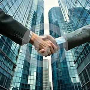 Handshaking of business people in office as concept of teamwork and partnership. Generative AI