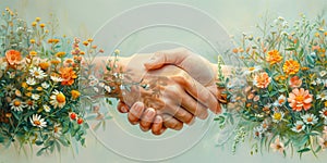 Handshaking, flowers growing on the hand, green deal, protect nature and planet earth, sustainable lifestyle, ecology and