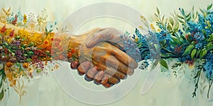 Handshaking, flowers growing on the hand, green deal, protect nature and planet earth, sustainable lifestyle, ecology and