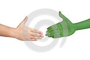 Handshaking human alien hands isolated