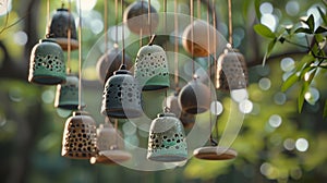 A handshape ceramic wind chime featuring a mix of textured hanging pieces and intricately shaped bells.