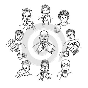 Handsketched people drinking coffee