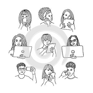 Handsketched people using devices