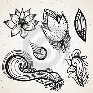 Handsketched set of beautiful mehndi design elements. Henna temporary flash tattoo. Traditional ethnic style tribal ornaments.