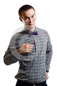 Handsom young man in shirt with bow wearing glasse