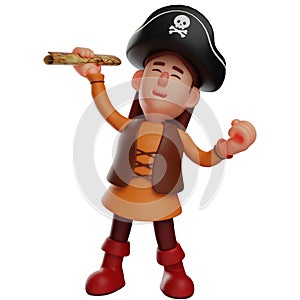 Handsome 3D cartoon pirate with cute smile while carrying map