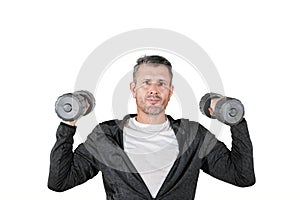 Handsome 40s caucasian man lifting weights isolated over white