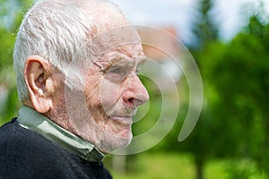 Handsome 80 plus year old senior man posing for a portrait in his garden