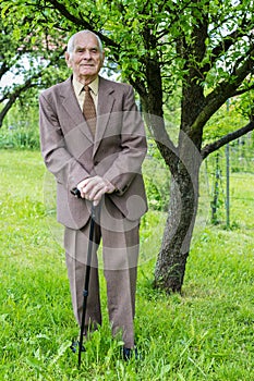 Handsome 80 plus year old senior man posing for a portrait in his garden