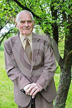 Handsome 80 plus year old senior man posing for a portrait in his garden