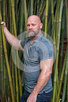 Handsome adult male model posing in a bamboo garden looking at camera