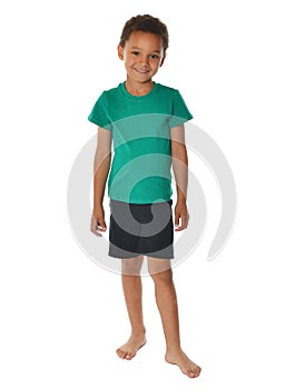 Handsome african american boy in green t-shirt on white background