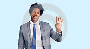 Handsome african american man with afro hair wearing business jacket showing and pointing up with fingers number four while
