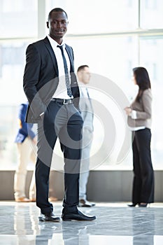 Handsome african businessman with group of businesspeople on background.
