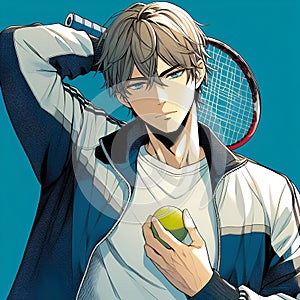 A handsome anime man, in sport costums holding tennis racket and the ball, wallpaper, sport, fantasy photo