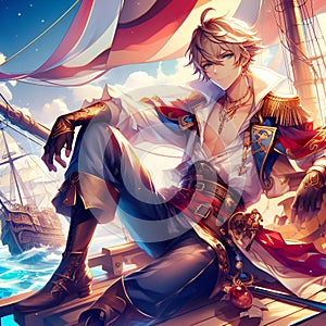 A handsome anime pitrate man sitting on the pirate ship, pirate costums, dreamlike, digital anime art, wallpaper, fantasy art photo