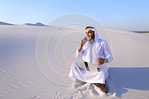 Handsome arabian guy businesswoman calling business partner sitt