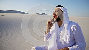 Handsome Arabian UAE Sheikh guy businesswoman calling business p