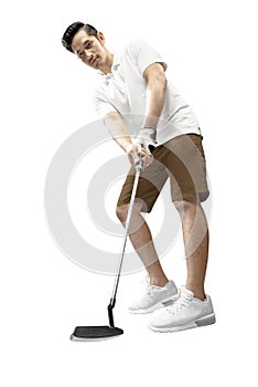 Handsome asian man golf player swing the putter club to put the ball into the hole