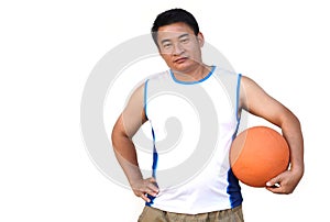 Handsome Asian man holds orange basketball