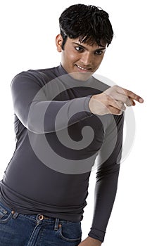 Handsome Asian man pointing