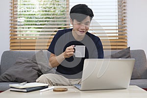 Handsome asian man sitting on couch and using laptop, browsing internet, replies to email, working online